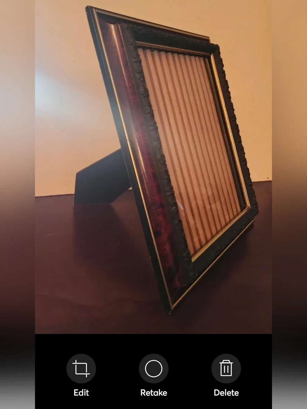Faux Dark Wood With Black Plastic Floral Design with Gold Trim Picture Frame